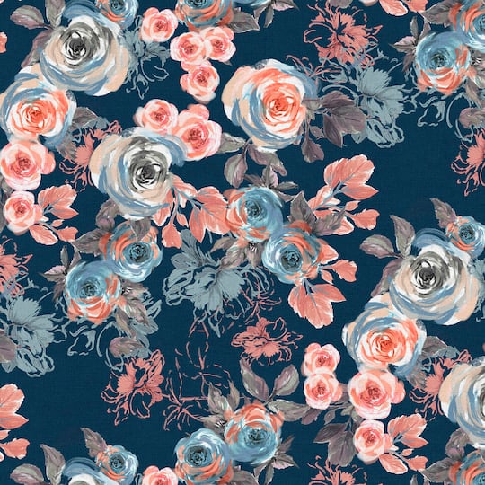Fabric Editions Navy &#x26; Coral Floral Cotton Fabric